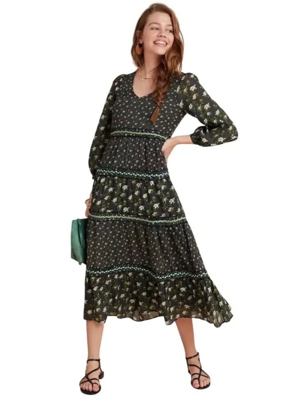 Anthropologie Karoline Tiered Floral Maxi Dress - Black/Green